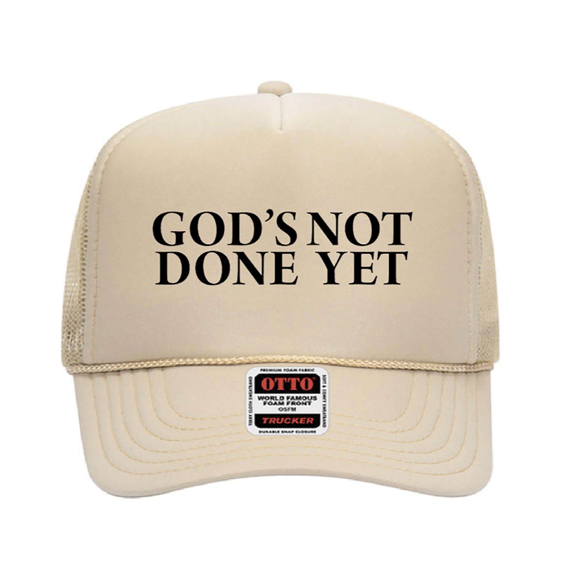 God's Not Done Yet Trucker Hat (Tan) – Missingink Shop